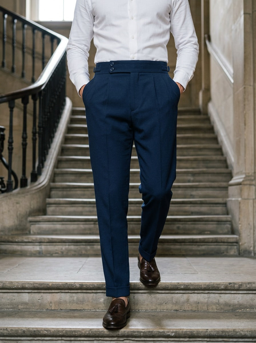 Redfield dress pants in Navy, lifestyle on a civic stone staircase, Gentlemens Manor