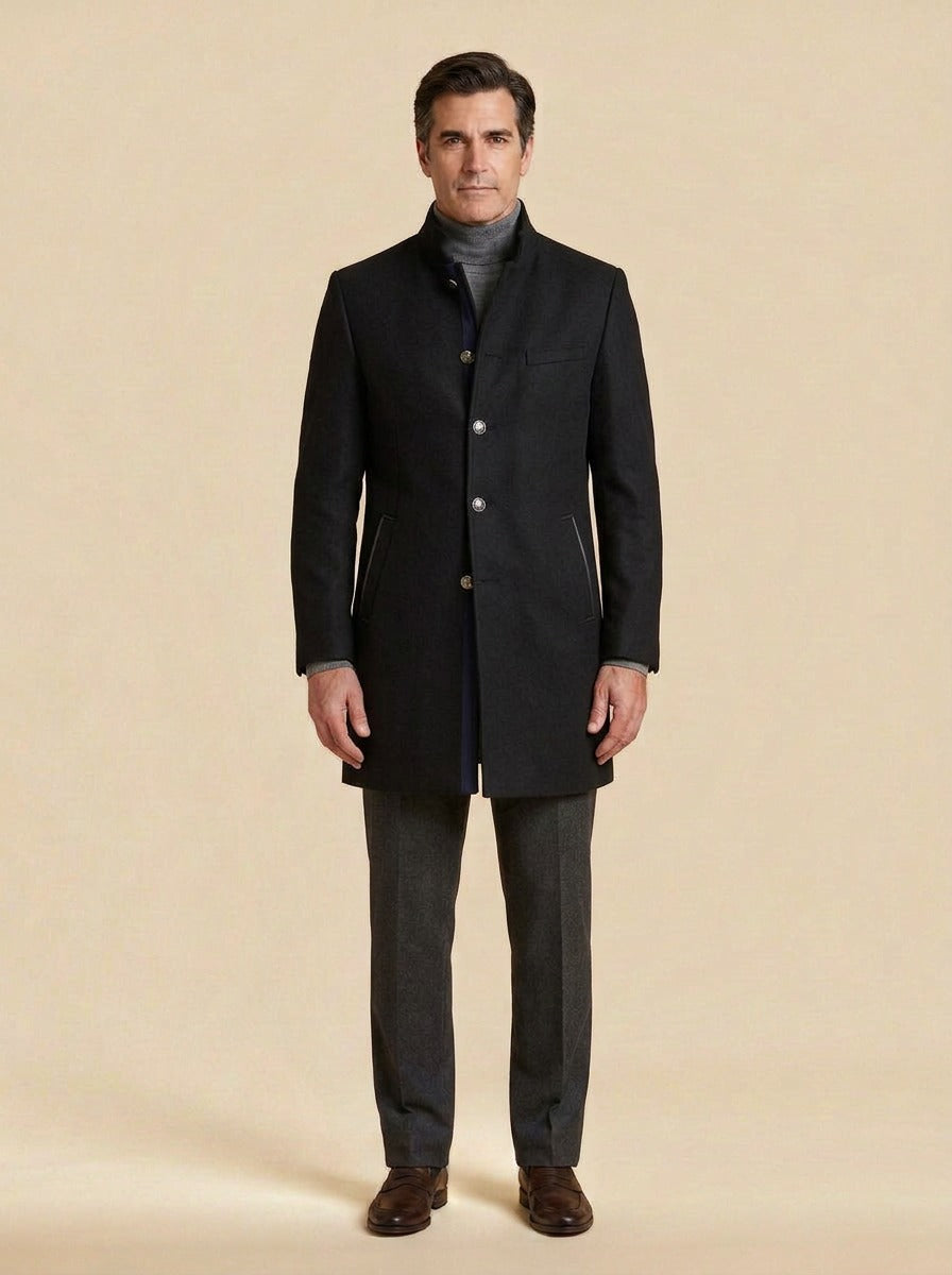 Redford stand collar wool coat in Black, studio, Gentlemens Manor