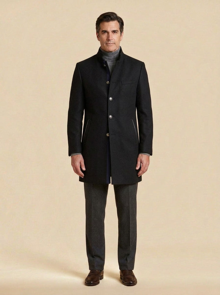 Redford stand collar wool coat in Black, studio, Gentlemens Manor