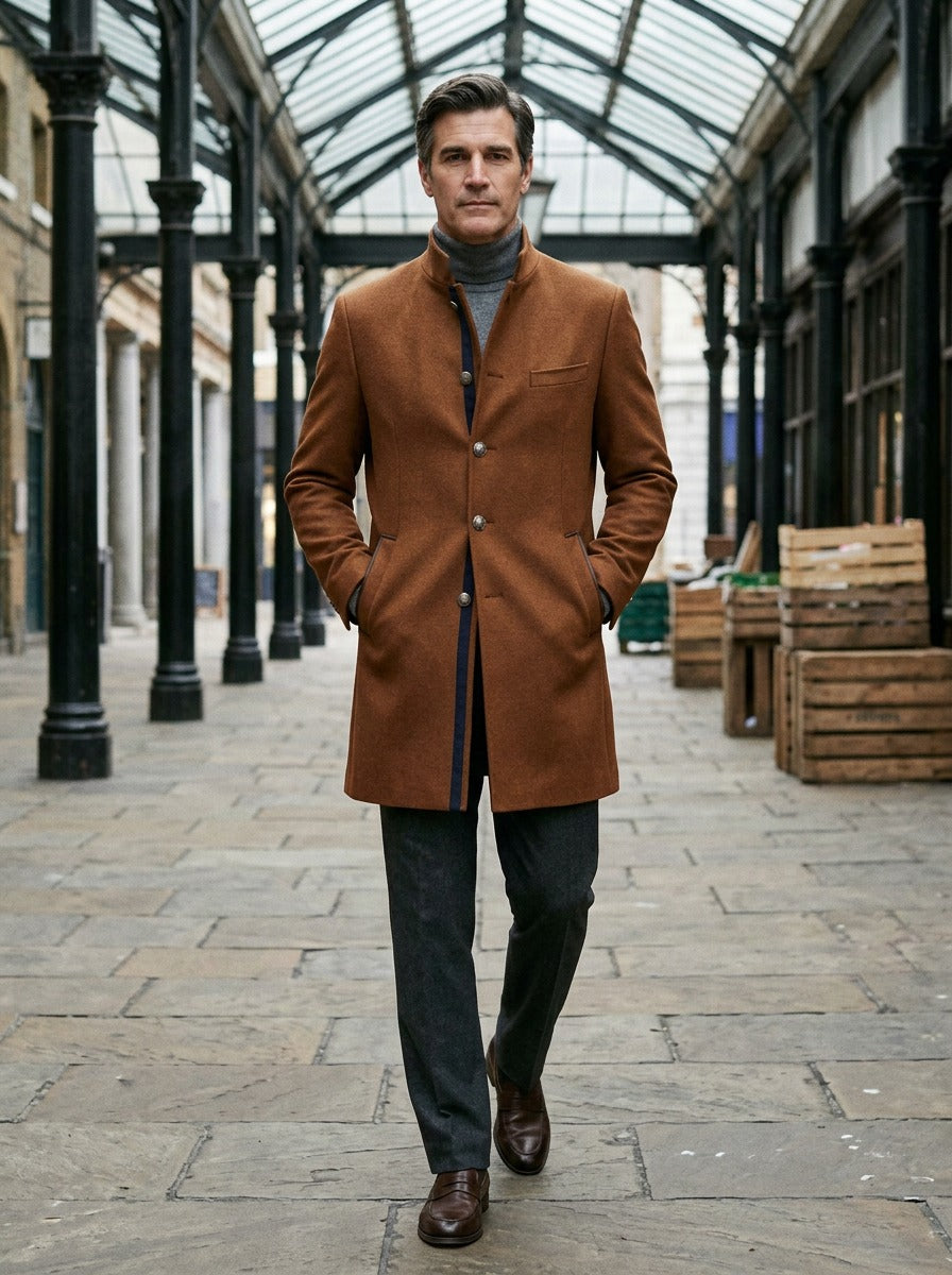 Redford stand collar wool coat in Brown, lifestyle in a covered market hall, Gentlemens Manor