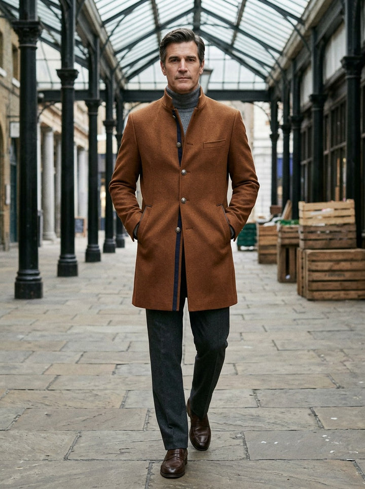 Redford stand collar wool coat in Brown, lifestyle in a covered market hall, Gentlemens Manor