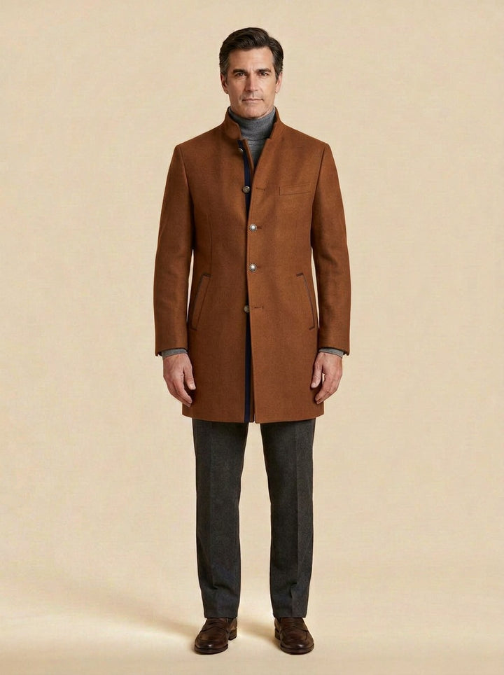 Redford stand collar wool coat in Brown, studio, Gentlemens Manor