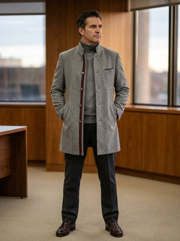Redford stand collar wool coat in Grey, lifestyle in a timber paneled office, Gentlemens Manor