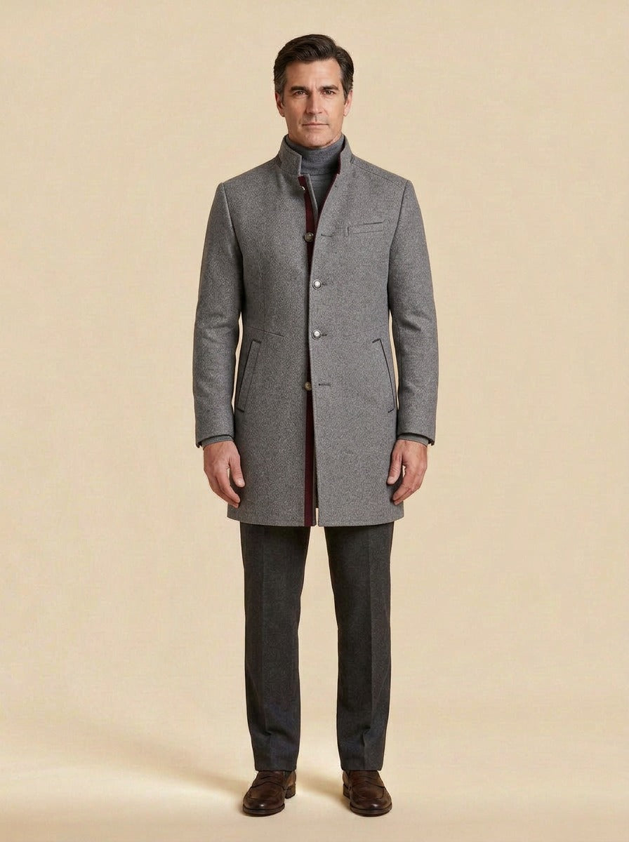 Redford stand collar wool coat in Grey, studio, Gentlemens Manor