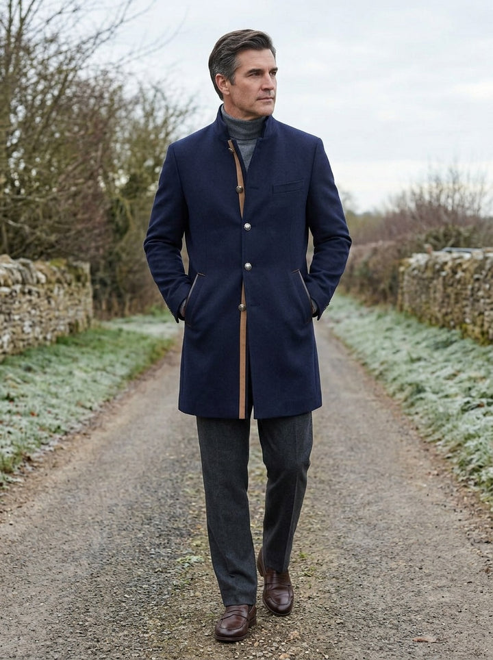 Redford stand collar wool coat in Navy, lifestyle on a country lane, Gentlemens Manor