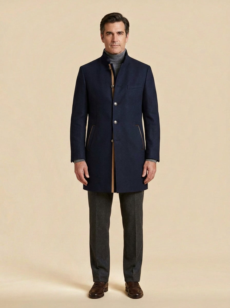 Redford stand collar wool coat in Navy, studio, Gentlemens Manor