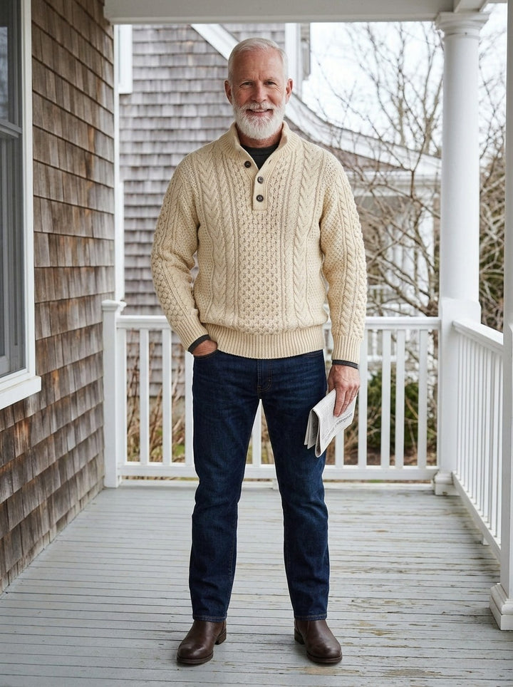 Redgrave sweater in Cream, lifestyle on a covered porch, Gentlemens Manor