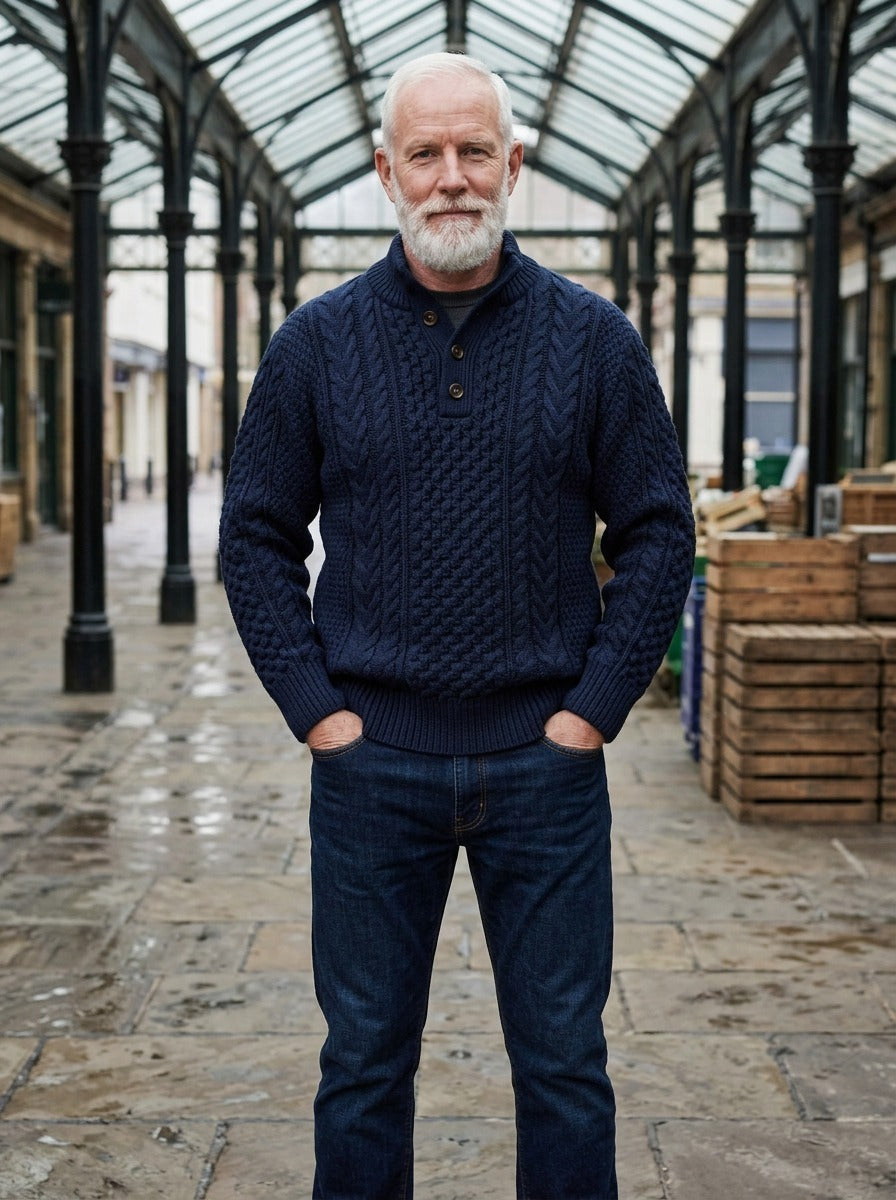 Redgrave sweater in Navy, lifestyle in a covered market hall, Gentlemens Manor