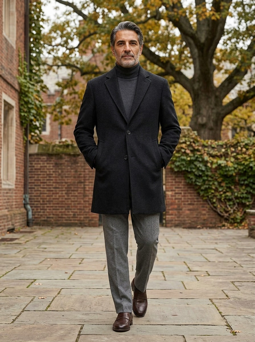 Redmond coat in Black, lifestyle in a brick college courtyard, Gentlemens Manor