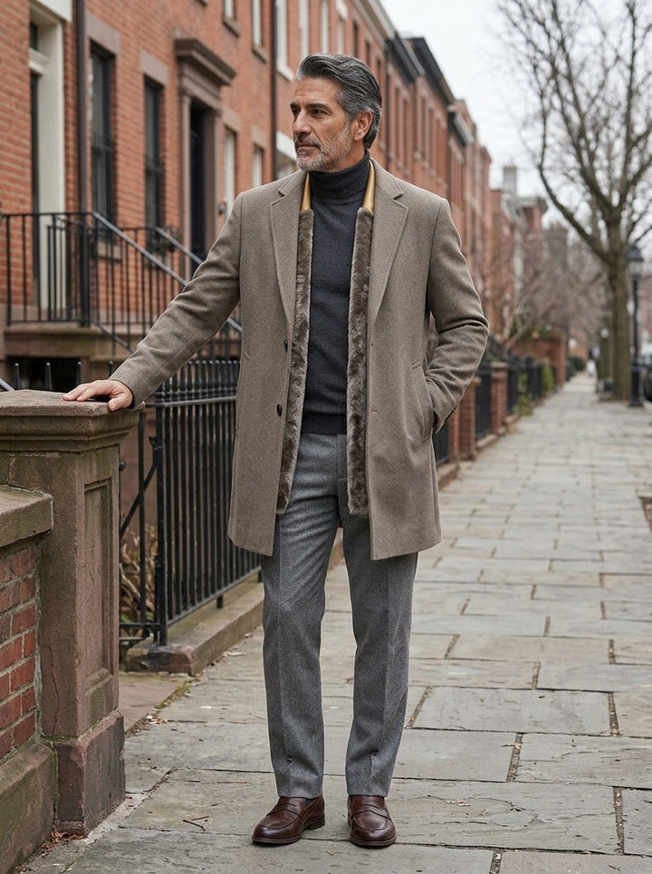 Redmond coat in Brown, lifestyle on a street of brick row houses, Gentlemens Manor