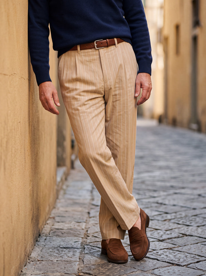 Reed trousers in Sand, worn by a model in a Mediterranean setting - Gentlemens Manor lifestyle