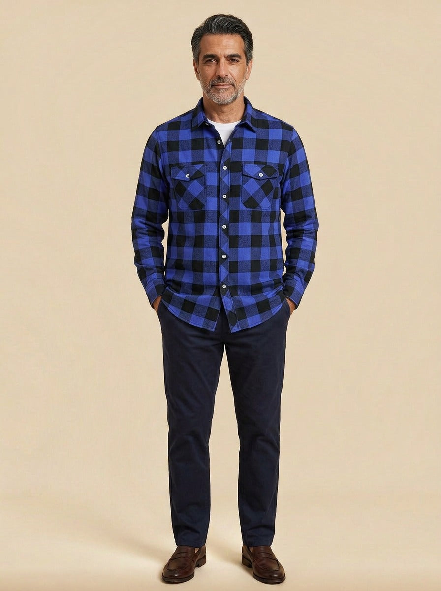 Reeves buffalo plaid flannel shirt in Blue, studio, Gentlemens Manor