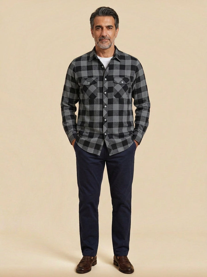 Reeves buffalo plaid flannel shirt in Charcoal, studio, Gentlemens Manor