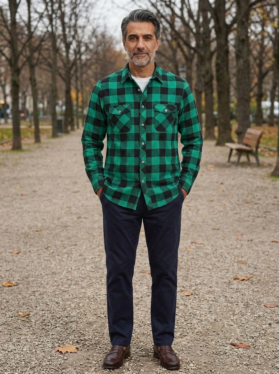 Reeves buffalo plaid flannel shirt in Green, lifestyle on a park path, Gentlemens Manor