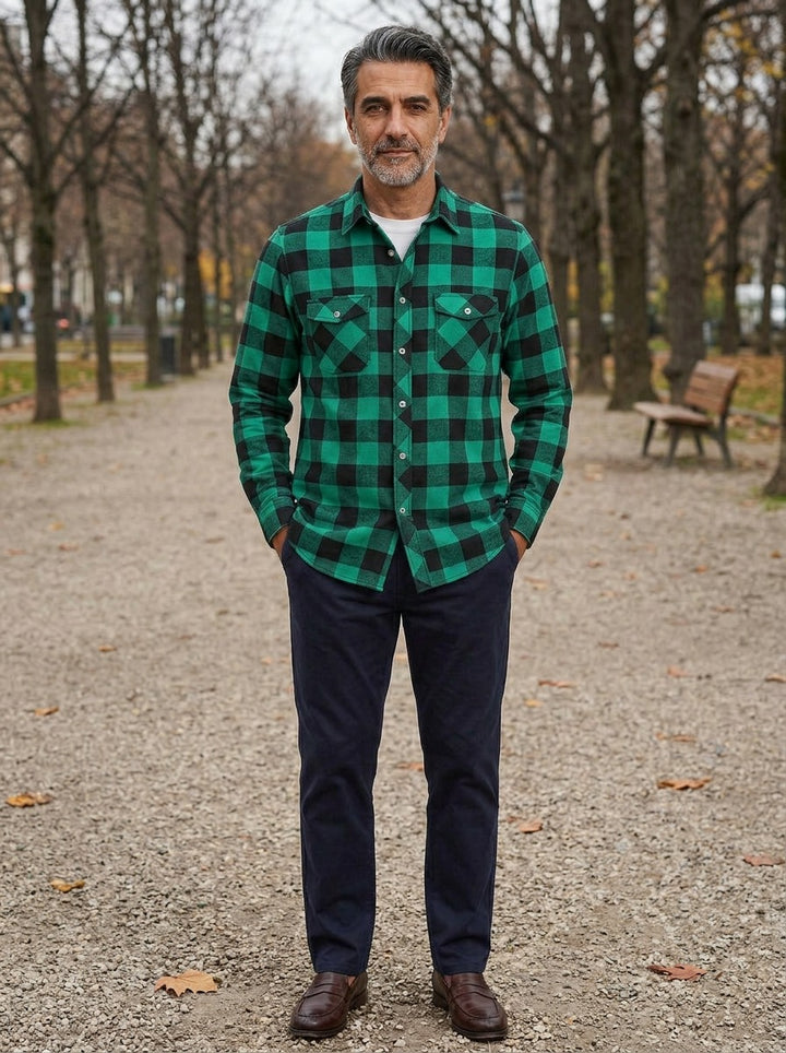 Reeves buffalo plaid flannel shirt in Green, lifestyle on a park path, Gentlemens Manor