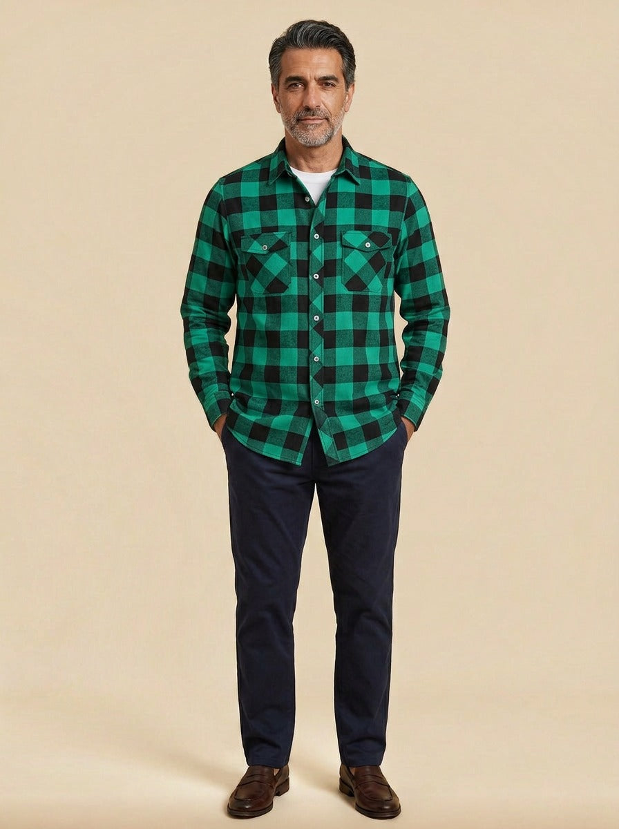 Reeves buffalo plaid flannel shirt in Green, studio, Gentlemens Manor