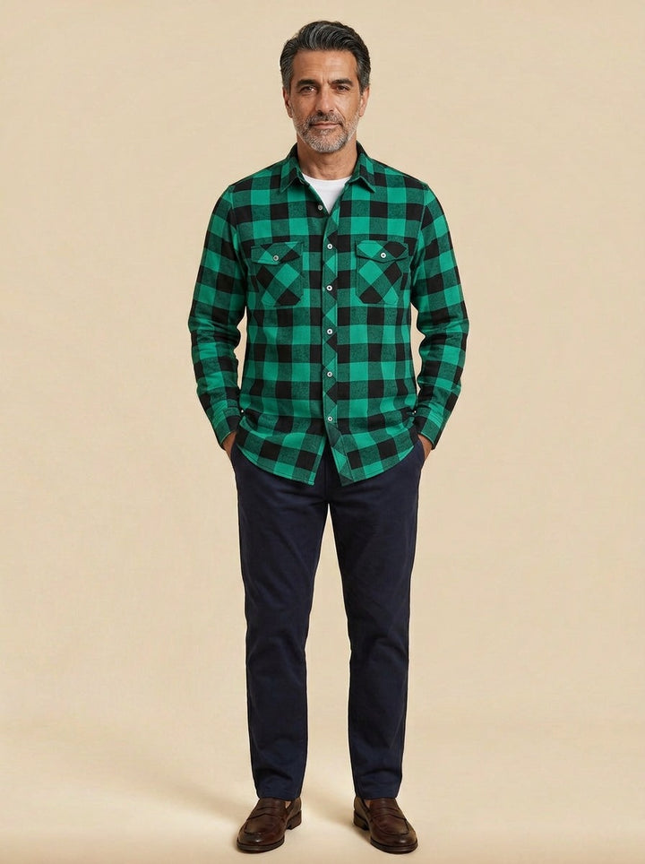 Reeves buffalo plaid flannel shirt in Green, studio, Gentlemens Manor