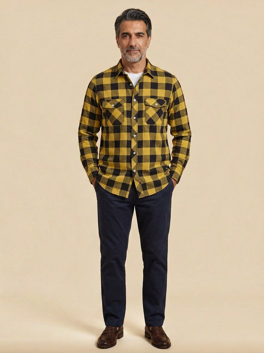 Reeves buffalo plaid flannel shirt in Mustard, studio, Gentlemens Manor
