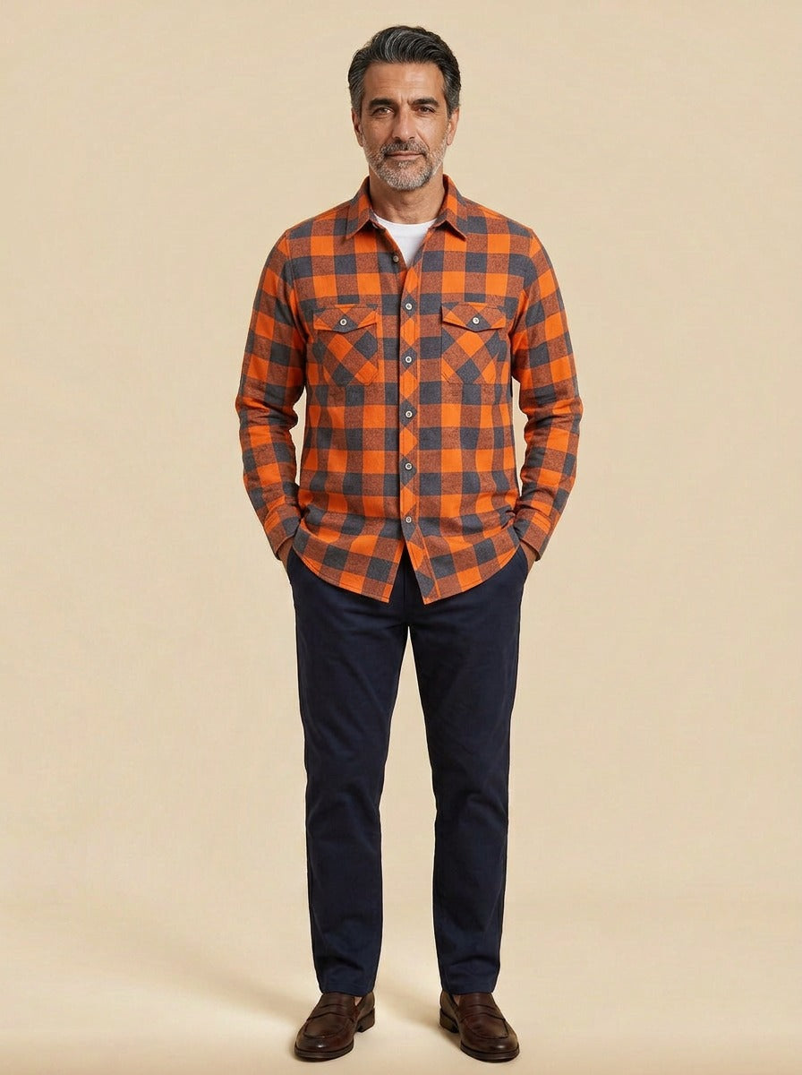 Reeves buffalo plaid flannel shirt in Orange, studio, Gentlemens Manor