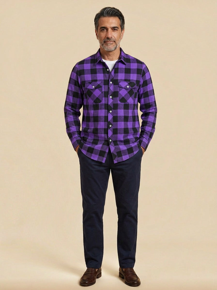 Reeves buffalo plaid flannel shirt in Purple, studio, Gentlemens Manor