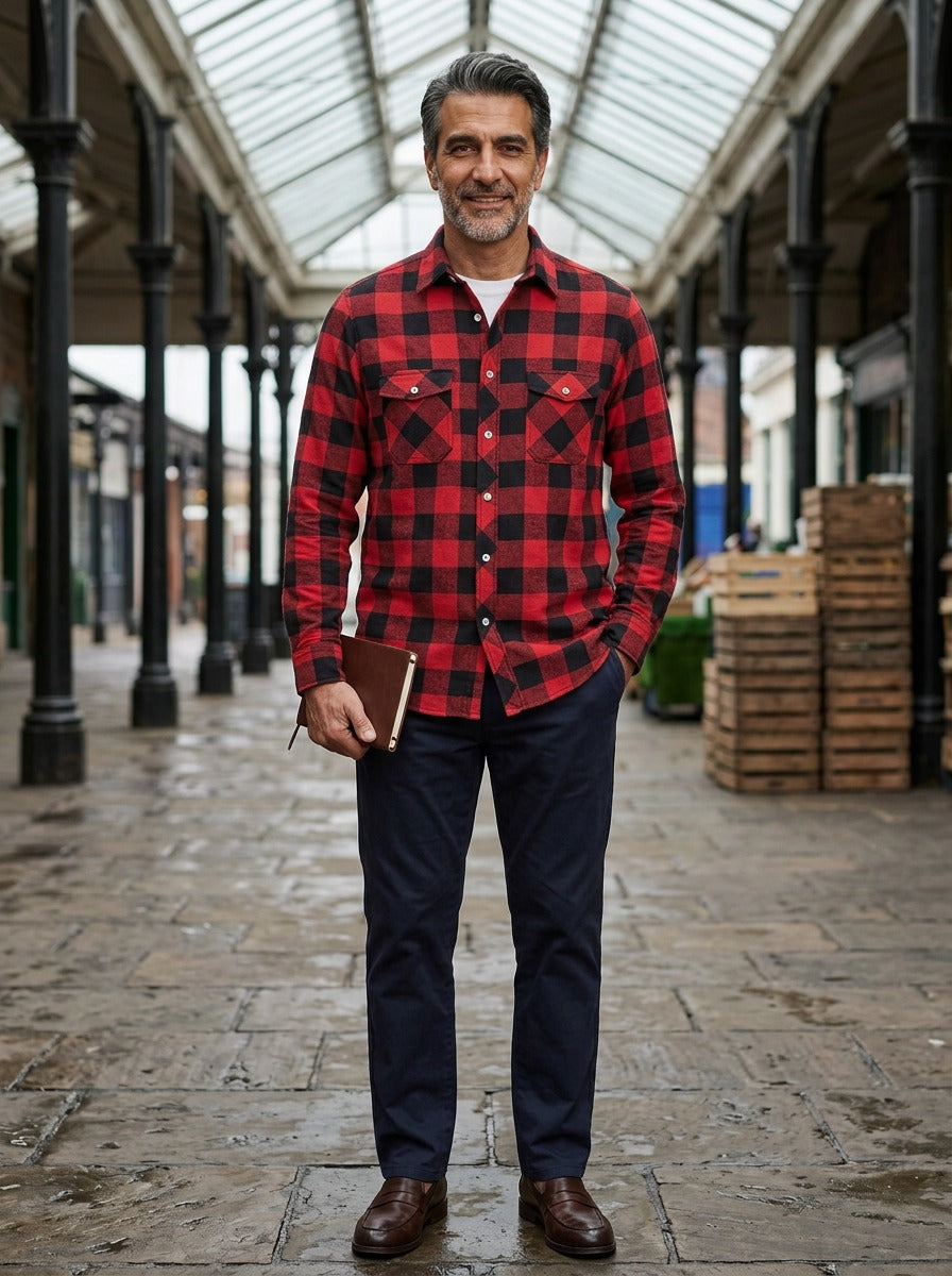 Reeves buffalo plaid flannel shirt in Red, lifestyle in a covered market hall, Gentlemens Manor