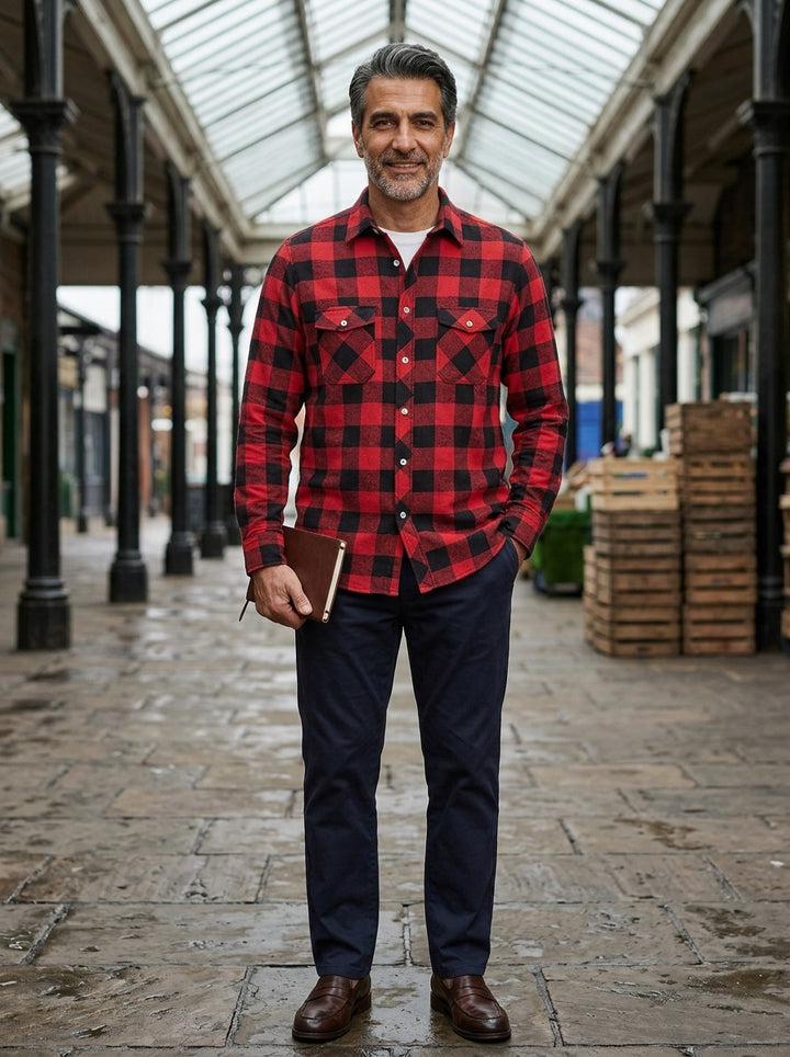 Reeves buffalo plaid flannel shirt in Red, lifestyle in a covered market hall, Gentlemens Manor