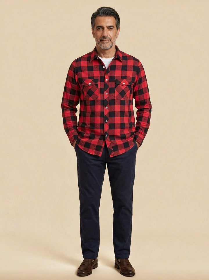 Reeves buffalo plaid flannel shirt in Red, studio, Gentlemens Manor