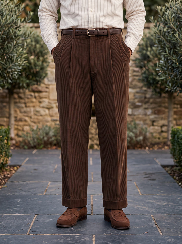 Reginald trousers in Dark Brown, worn by a model in a Mediterranean setting - Gentlemens Manor lifestyle