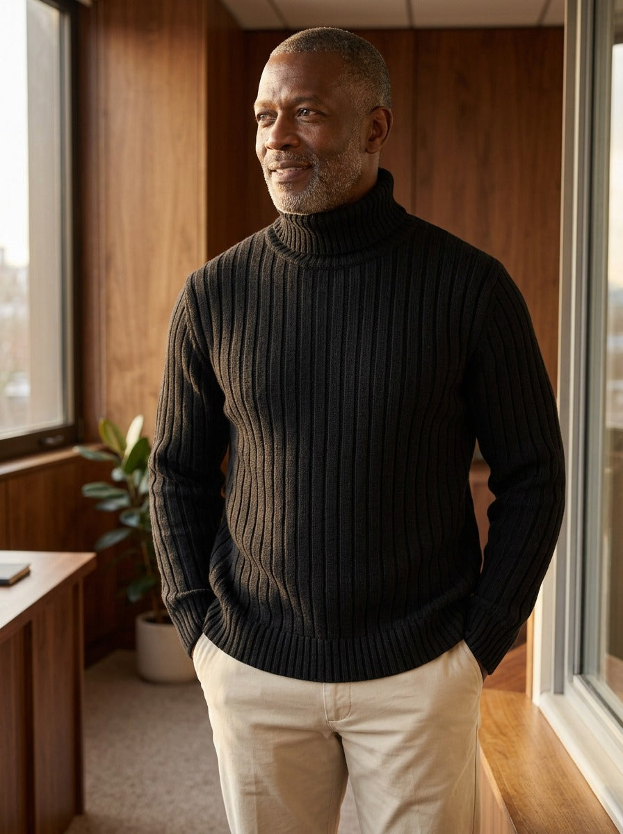 Rhodes rib knit turtleneck sweater in Black, lifestyle, Gentlemens Manor