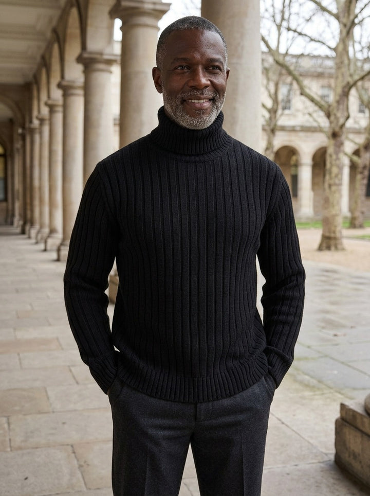 Rhodes rib knit turtleneck sweater in Black, colonnade lifestyle, Gentlemens Manor