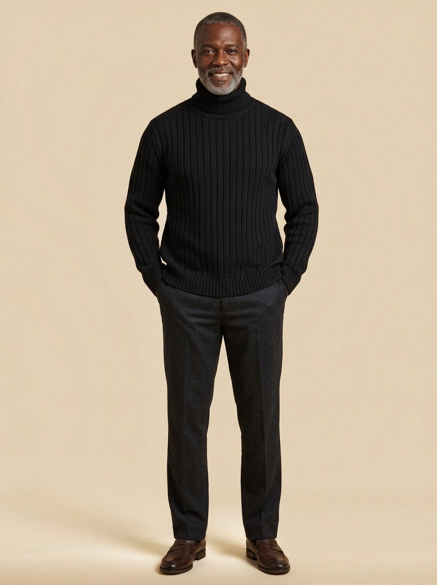 Rhodes rib knit turtleneck sweater in Black, studio, Gentlemens Manor