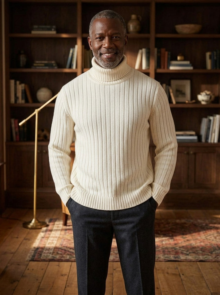Rhodes rib knit turtleneck sweater in White, lifestyle, Gentlemens Manor