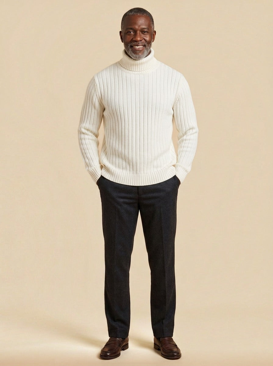 Rhodes rib knit turtleneck sweater in White, studio, Gentlemens Manor