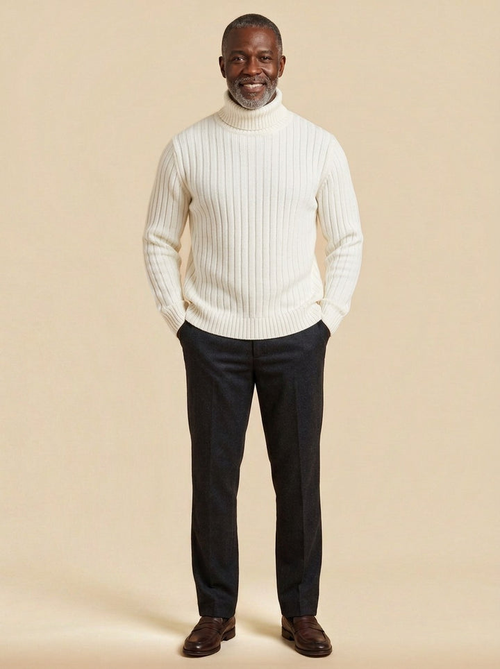 Rhodes rib knit turtleneck sweater in White, studio, Gentlemens Manor