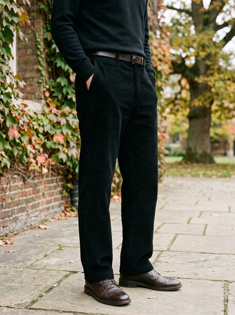 Ripley wide wale corduroy pants in Black, lifestyle in a brick college courtyard, Gentlemens Manor