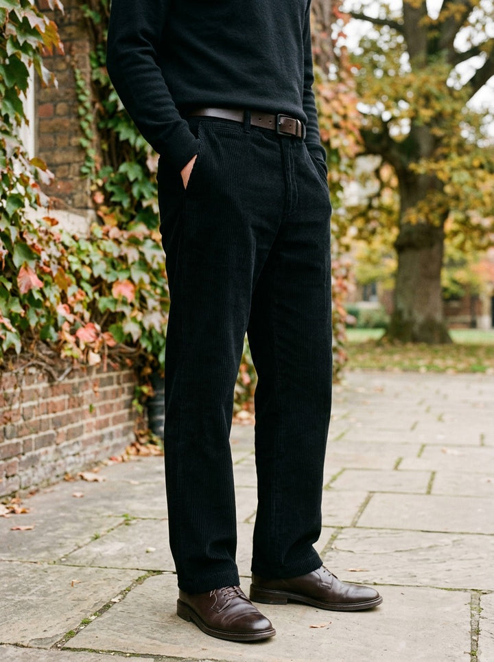 Ripley wide wale corduroy pants in Black, lifestyle in a brick college courtyard, Gentlemens Manor