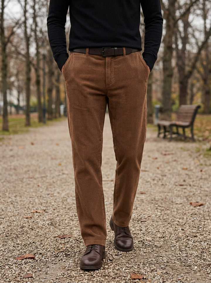 Ripley wide wale corduroy pants in Brown, lifestyle on a park path, Gentlemens Manor