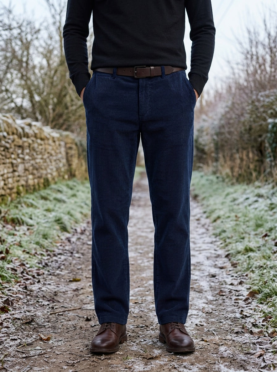 Ripley wide wale corduroy pants in Navy, lifestyle on a country lane, Gentlemens Manor