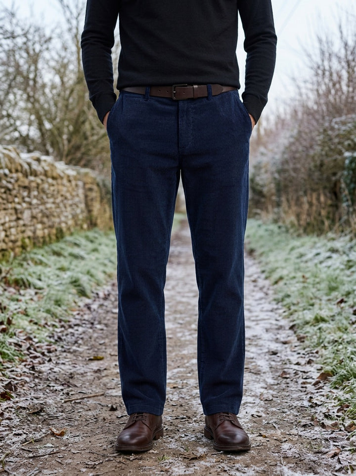 Ripley wide wale corduroy pants in Navy, lifestyle on a country lane, Gentlemens Manor