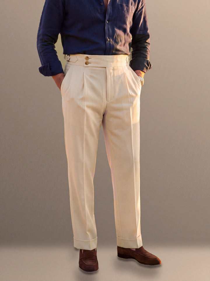 Rodney trousers in Cream with turn up cuffs, studio, Gentlemens Manor
