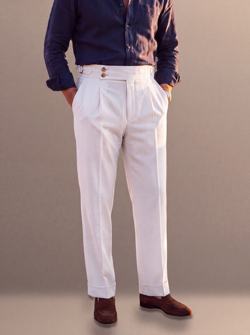 Rodney trousers in White with turn up cuffs, studio, Gentlemens Manor