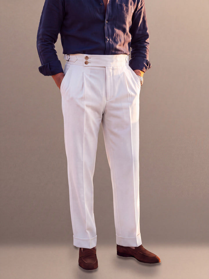Rodney trousers in White with turn up cuffs, studio, Gentlemens Manor