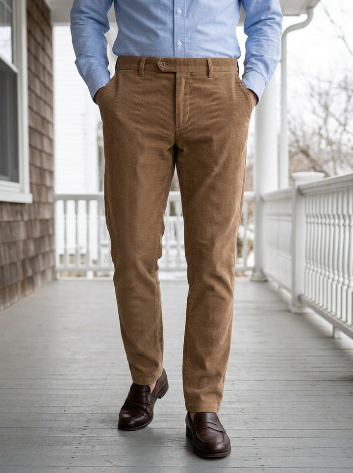 Rollins corduroy pants in Camel, lifestyle on a covered porch, Gentlemens Manor