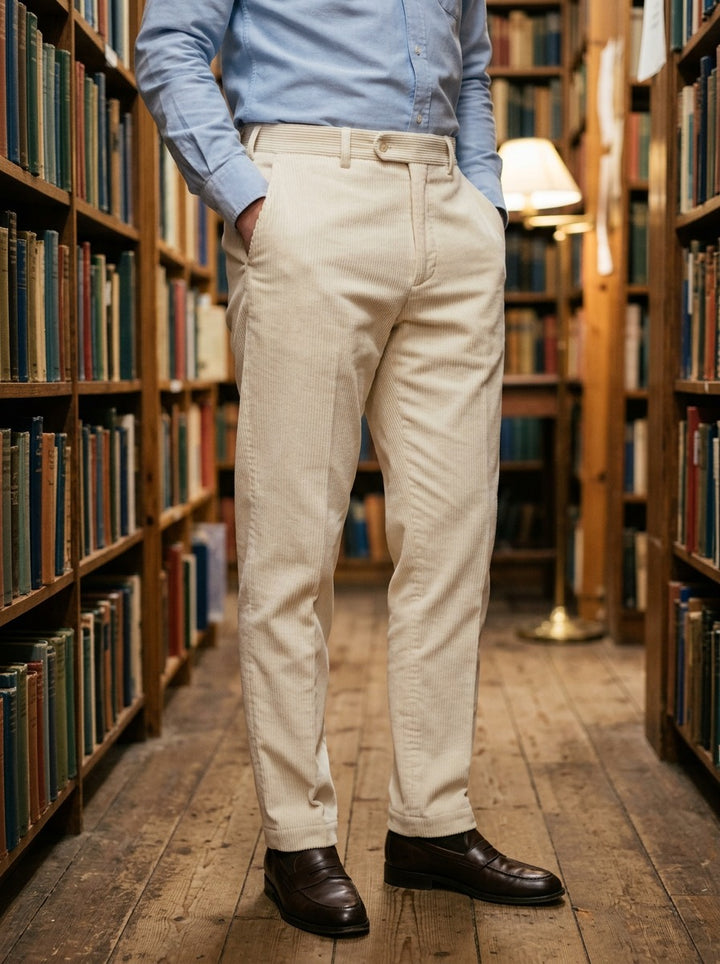 Rollins corduroy pants in Cream, lifestyle in a secondhand bookshop, Gentlemens Manor