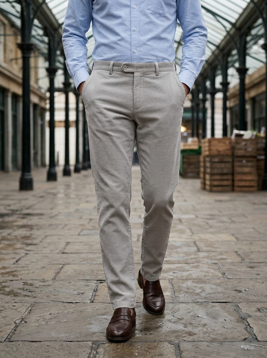 Rollins corduroy pants in Light Grey, lifestyle in a covered market hall, Gentlemens Manor