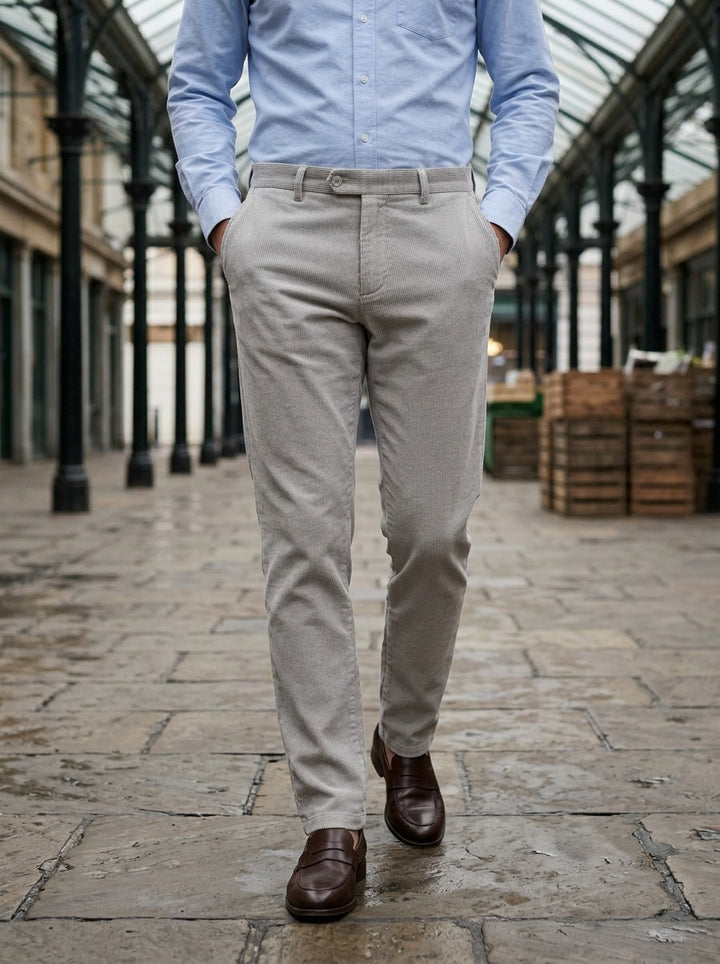 Rollins corduroy pants in Light Grey, lifestyle in a covered market hall, Gentlemens Manor