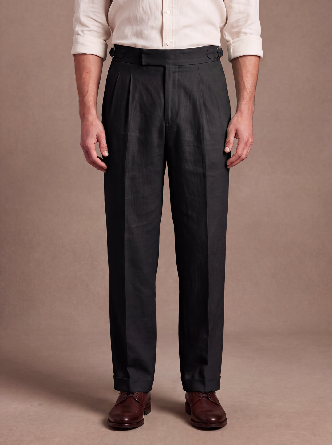 Roman trousers in Black, loose straight leg with flat waistband and side adjusters, studio, Gentlemens Manor