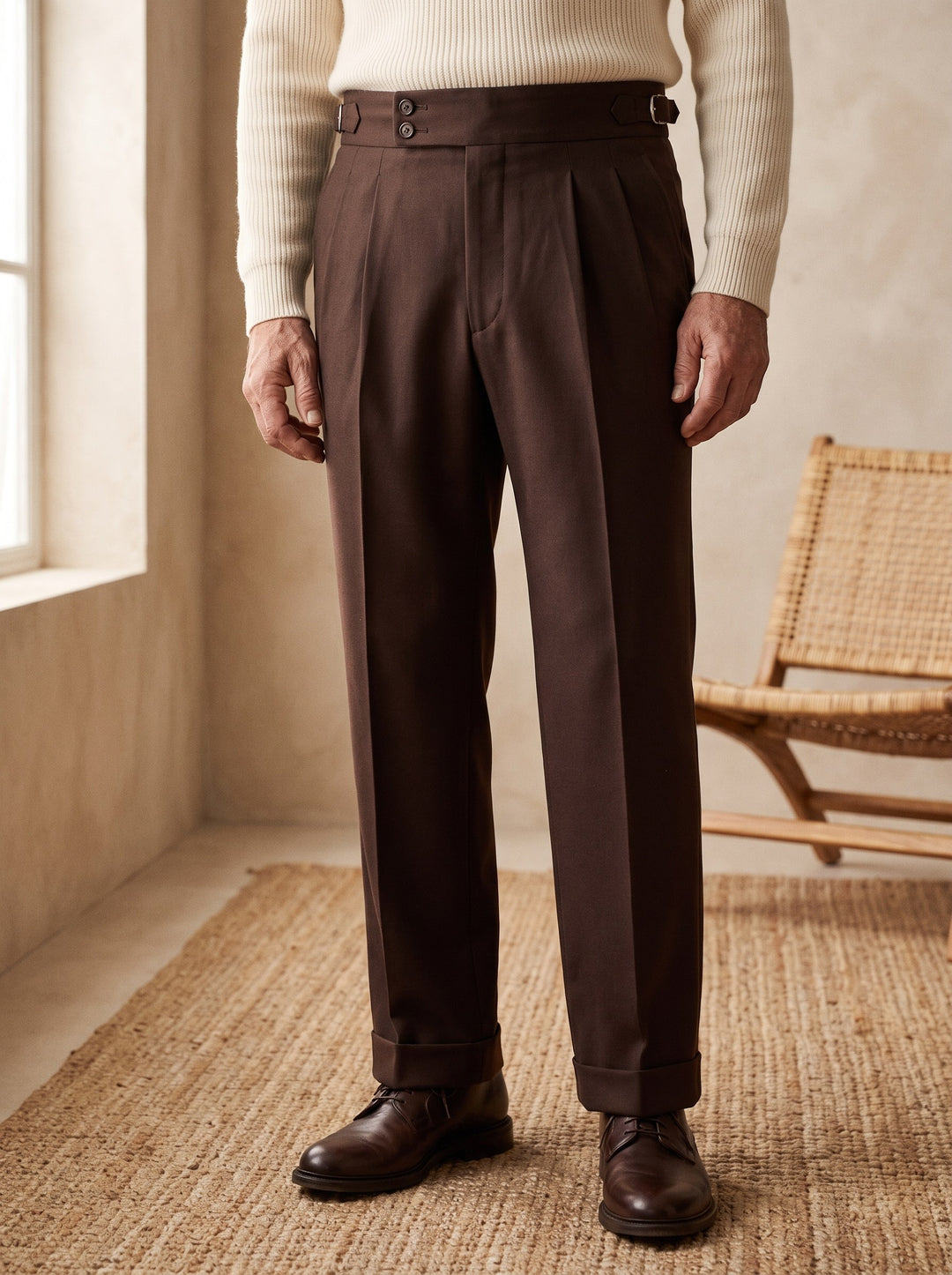 Roman trousers in Brown, worn by a model in a calm sunlit interior - Gentlemens Manor lifestyle
