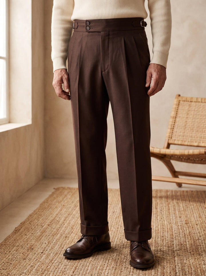 Roman trousers in Brown, worn by a model in a calm sunlit interior - Gentlemens Manor lifestyle