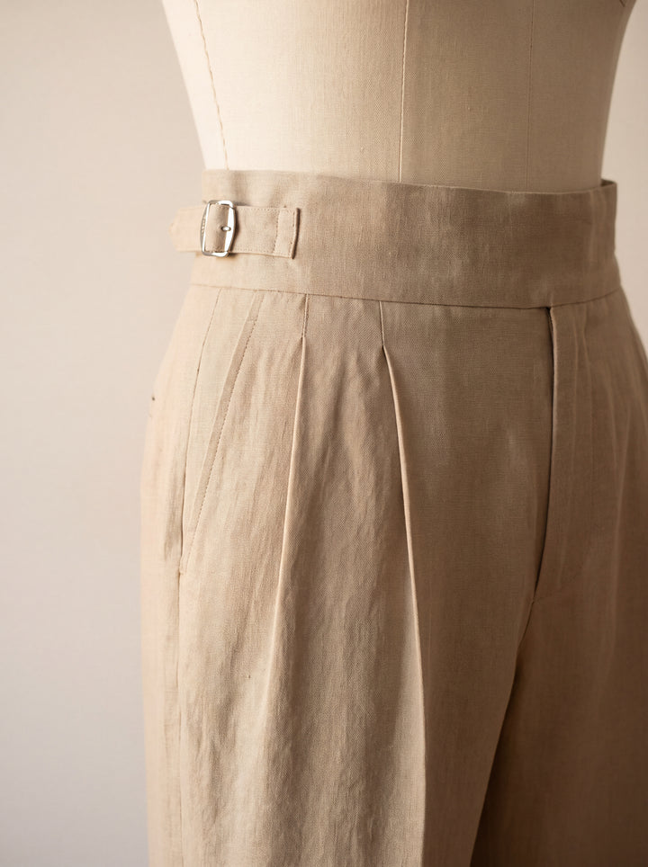 Roman trousers waistband detail with side adjuster buckle and double pleat, Gentlemens Manor